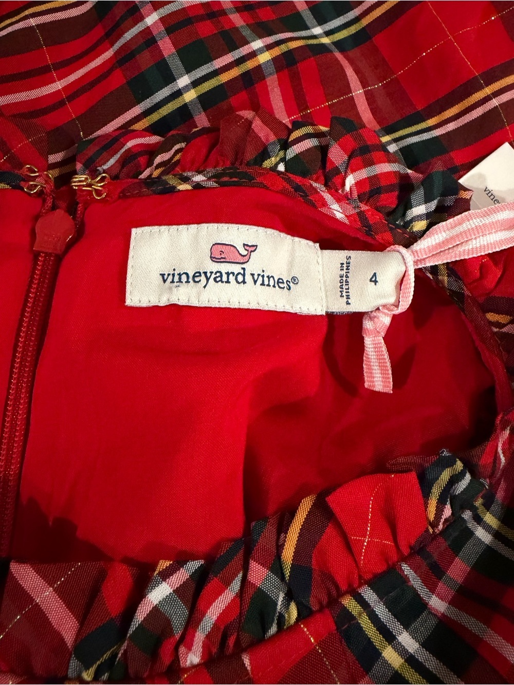 Vineyard Vines Women’s Tiered Dress Size 4 Ruffle Sleeve Red Tartan Plaid New - Picture 8 of 8